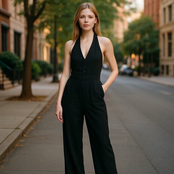 NWT  Zara Black Viscose Jacquard Halter Vest Jumpsuit  V-neckline Bloggers Fave - Picture 1 of 12